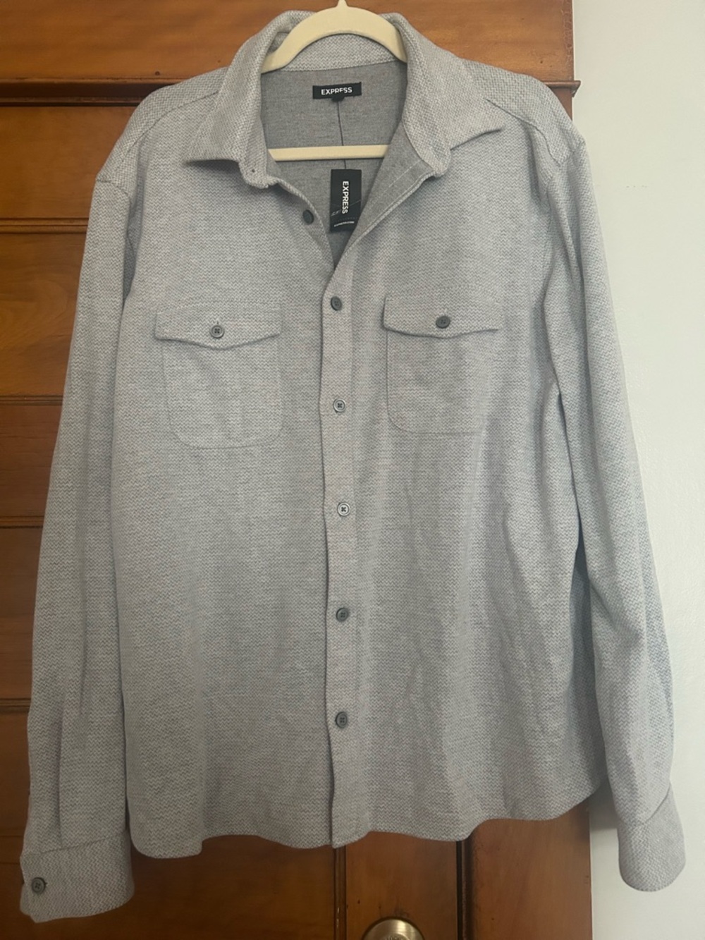 Express Men's Grey Herringbone Button-Up Shirt